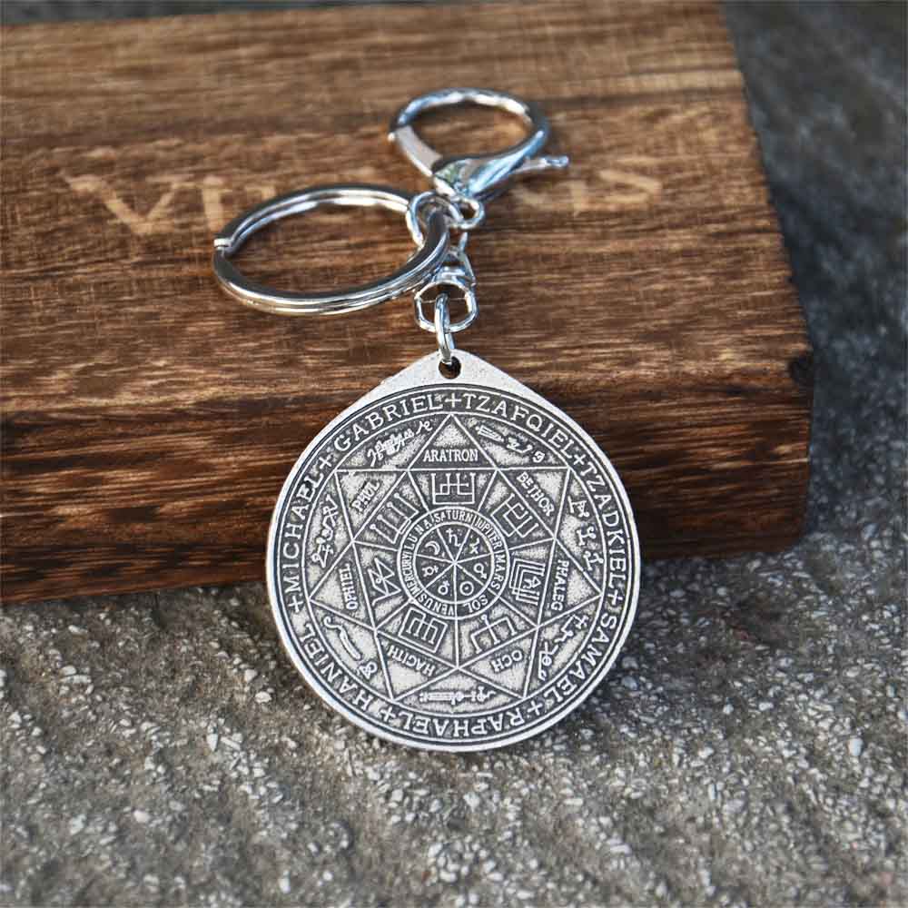 Seven Archangels Sigil Keychain | The Seal Of The Seven Archangels Antique Silver Or Bronze Plated Round Key Pendant | Solomon Kabbalah Amulet Keyring
