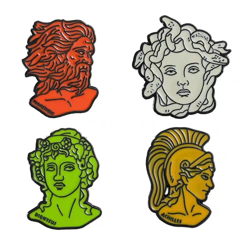 4 Piece Set Greek Mythology Pins • Medusa Prometheus Achilles Dionysus Head Brooch • Doodle Ancient Roman Deity Badge • Pagan Worship Witchy Pin • Apollo Tarot Shop