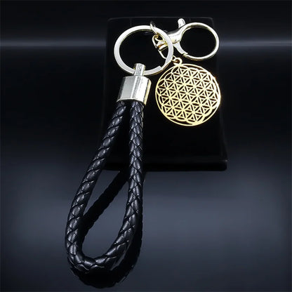 Flower Of Life Stainless Steel Keyring + Vegan Leather Holder • Witchy Women & Spiritual Men Sacred Geometry Magick Keychain Gift Accessory • Apollo Tarot Shop