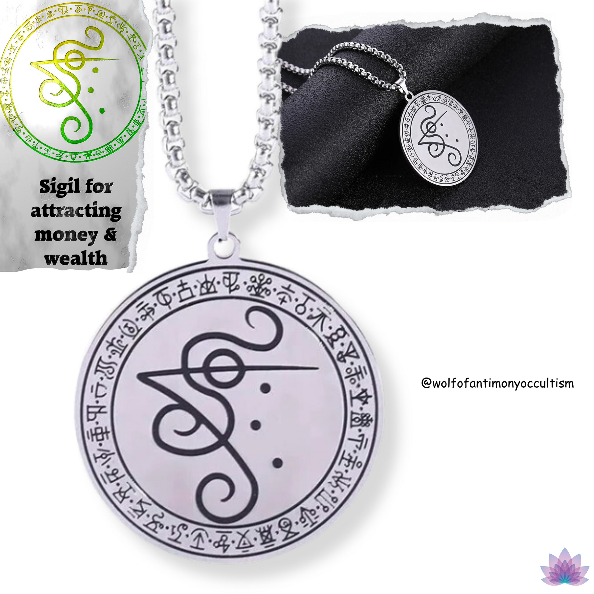 Wolf Of Antimony's Money Success Sigil Necklace • Wealth Luck Attraction Viadescioism Pendant • Witchy Chaos Magick Amulet • Neo-Pagan Witch Talisman • Apollo Tarot Shop