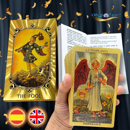 Spanish & English Gold Foil Tarot Deck W/ Guidebook For Beginner Divination Witch • Bilingual Golden Premium Waite Style Cards In Tuck Box • Apollo Tarot Shop