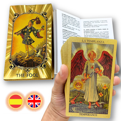 Spanish & English Gold Foil Tarot Deck W/ Guidebook For Beginner Divination Witch • Bilingual Golden Premium Waite Style Cards In Tuck Box • Apollo Tarot Shop