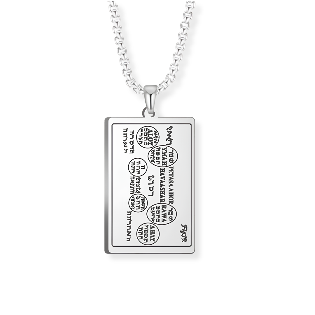 A silver rectangular pendant necklace featuring engraved script from the 6th and 7th Books of Moses, suspended from a silver box chain against a plain white background.