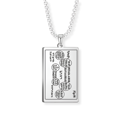 A silver rectangular pendant necklace featuring engraved script from the 6th and 7th Books of Moses, suspended from a silver box chain against a plain white background.