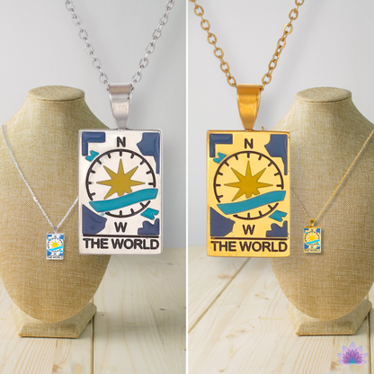 Tarot Card Necklace Of The World, Lovers, Star, Fortune & Moon Cards In Silver Or Gold Plated Stainless Steel • Dainty Chain Witchy Pendant • Apollo Tarot Online Shop