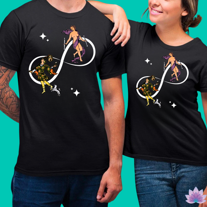 Tarot Fusion T-Shirt • The Fool And The World Cards On Infinite Symbol Black Shirt • Mystical Tee For Men & Women • Tarot Enthusiast Gift • Apollo Tarot Shop