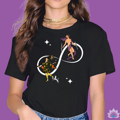 Tarot Fusion T-Shirt • The Fool And The World Cards On Infinite Symbol Black Shirt • Mystical Tee For Men & Women • Tarot Enthusiast Gift • Apollo Tarot Shop