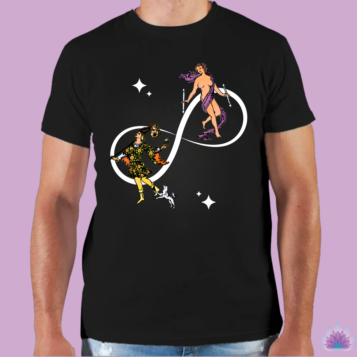Tarot Fusion T-Shirt • The Fool And The World Cards On Infinite Symbol Black Shirt • Mystical Tee For Men & Women • Tarot Enthusiast Gift • Apollo Tarot Shop