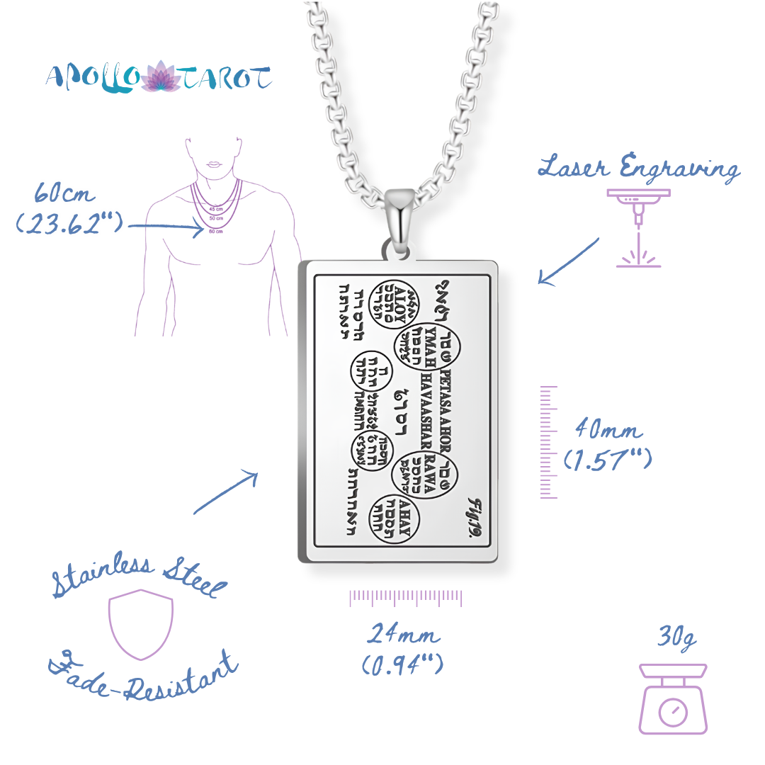 Apollo Tarot's 6th & 7th Books of Moses engraved stainless steel pendant necklace on a white background with measurement annotations, including 60cm necklace length, 40mm pendant height, 24mm pendant width, 30g weight, and laser engraving detail.