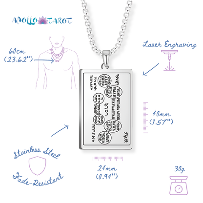 Apollo Tarot's 6th & 7th Books of Moses engraved stainless steel pendant necklace on a white background with measurement annotations, including 60cm necklace length, 40mm pendant height, 24mm pendant width, 30g weight, and laser engraving detail.