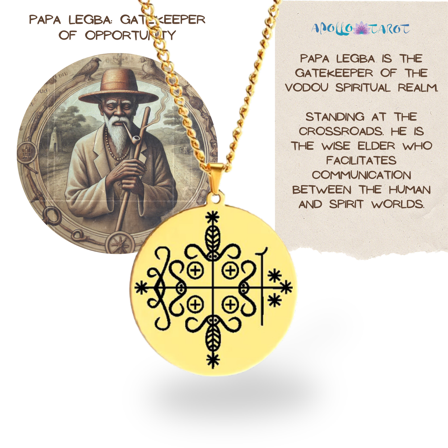 Gold Voodoo Veve Sigil Charm Necklace • Vodou Lwa Loa Amulet Talisman • Stainless Steel Pendant For Afro Spiritual Men And Witchy Women • Apollo Tarot Esoteric Jewelry Shop