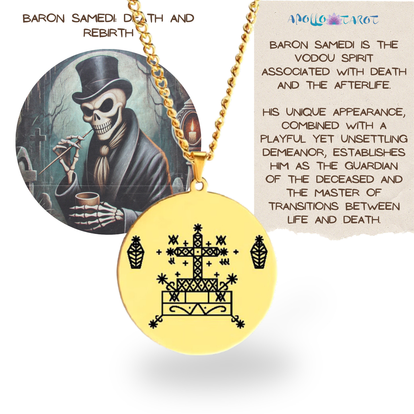 Gold Voodoo Veve Sigil Charm Necklace • Vodou Lwa Loa Amulet Talisman • Stainless Steel Pendant For Afro Spiritual Men And Witchy Women • Apollo Tarot Esoteric Jewelry Shop