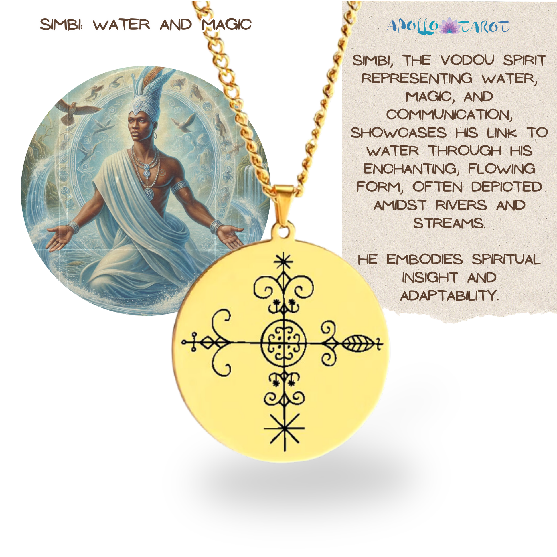 Gold Voodoo Veve Sigil Charm Necklace • Vodou Lwa Loa Amulet Talisman • Stainless Steel Pendant For Afro Spiritual Men And Witchy Women • Apollo Tarot Esoteric Jewelry Shop