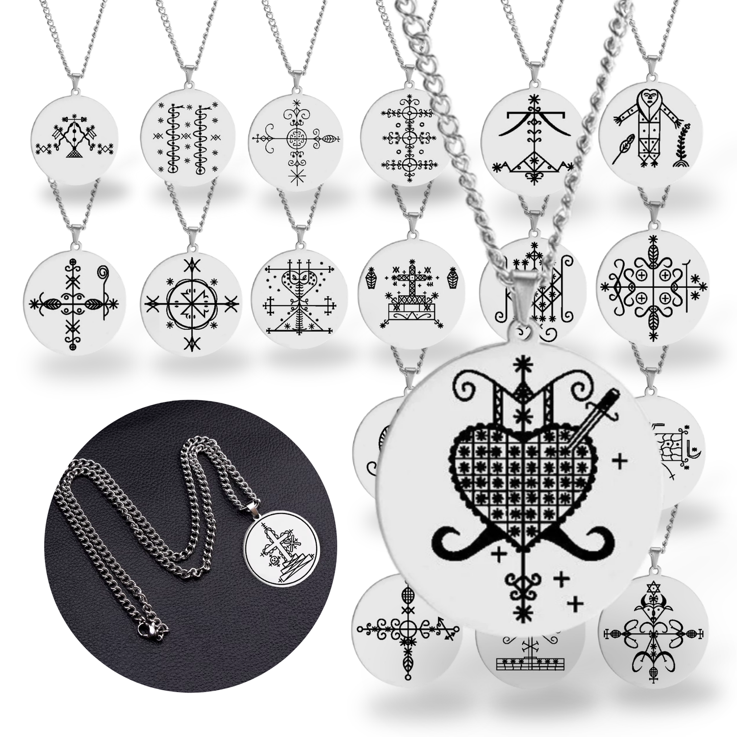 Voodoo Veve Symbols Necklace • Magick Sigil Stainless Steel Silver Pendant • Vodou Jewelry Lwa Loa Amulet • Afro-Caribbean Spiritual Talisman • Apollo Tarot Design Shop