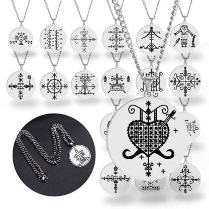 Voodoo Veve Symbols Necklace • Magick Sigil Stainless Steel Silver Pendant • Vodou Jewelry Lwa Loa Amulet • Afro-Caribbean Spiritual Talisman • Apollo Tarot Design Shop