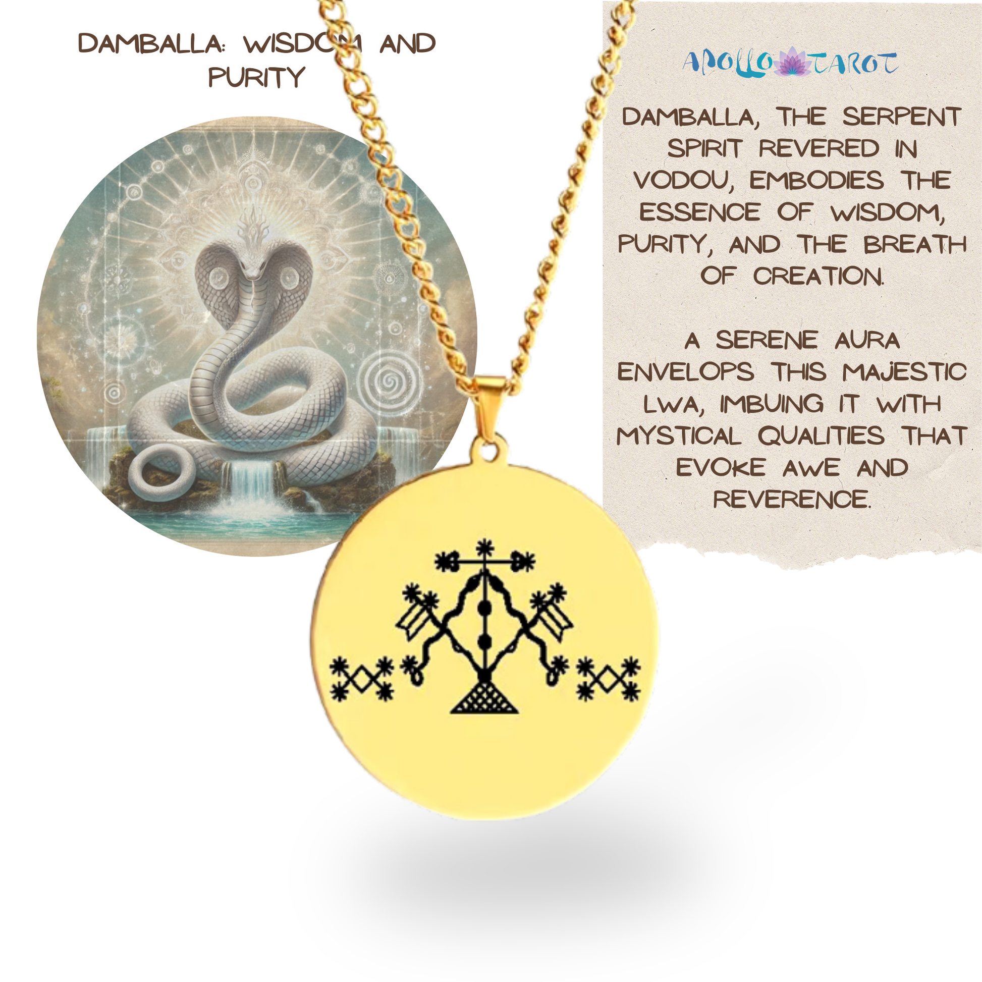 Gold Voodoo Veve Sigil Charm Necklace • Vodou Lwa Loa Amulet Talisman • Stainless Steel Pendant For Afro Spiritual Men And Witchy Women • Apollo Tarot Esoteric Jewelry Shop