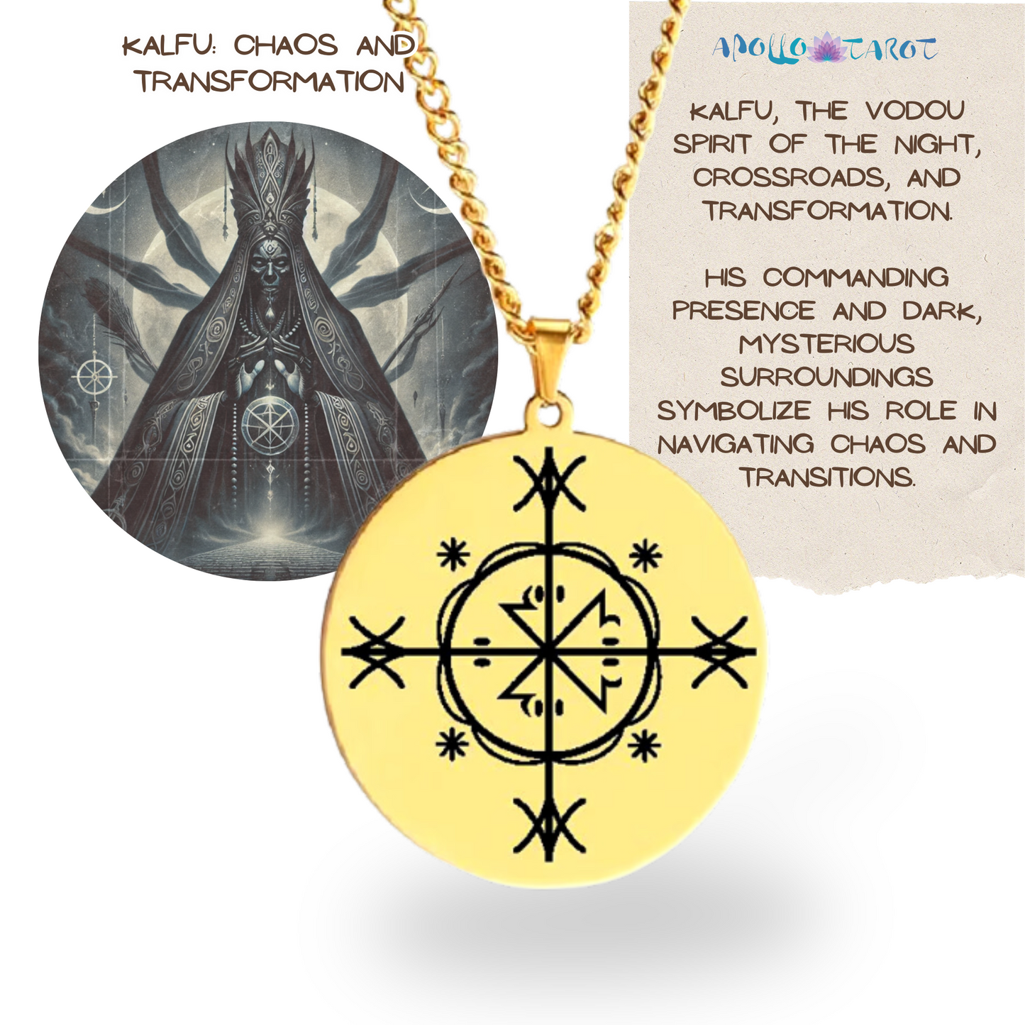 Gold Voodoo Veve Sigil Charm Necklace • Vodou Lwa Loa Amulet Talisman • Stainless Steel Pendant For Afro Spiritual Men And Witchy Women • Apollo Tarot Esoteric Jewelry Shop