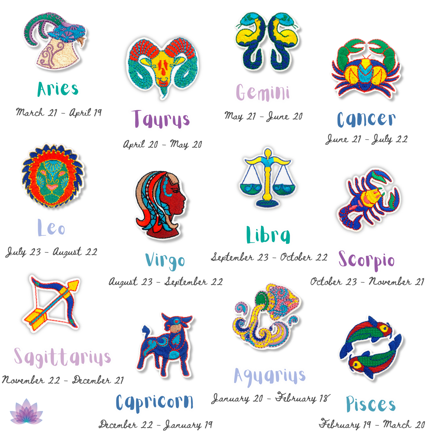 Zodiac Sign Symbols Iron On Patch | Astrology Constellation Embroidered Stickers For Clothes Jeans Backpacks | Apollo Tarot Shop