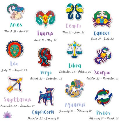 Zodiac Sign Symbols Iron On Patch | Astrology Constellation Embroidered Stickers For Clothes Jeans Backpacks | Apollo Tarot Shop