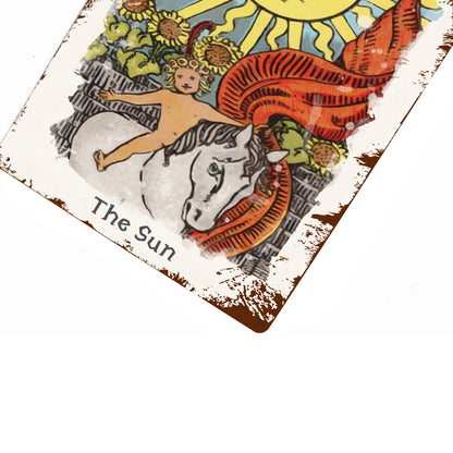 Tin Sign Of The Sun Tarot Card Painting • Major Arcana Waite-Style Cards Vintage Metal Print • Apollo Tarot Design Shop