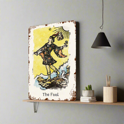 Tin Sign Of The Fool Tarot Card Painting • Major Arcana Waite-Style Cards Vintage Metal Print