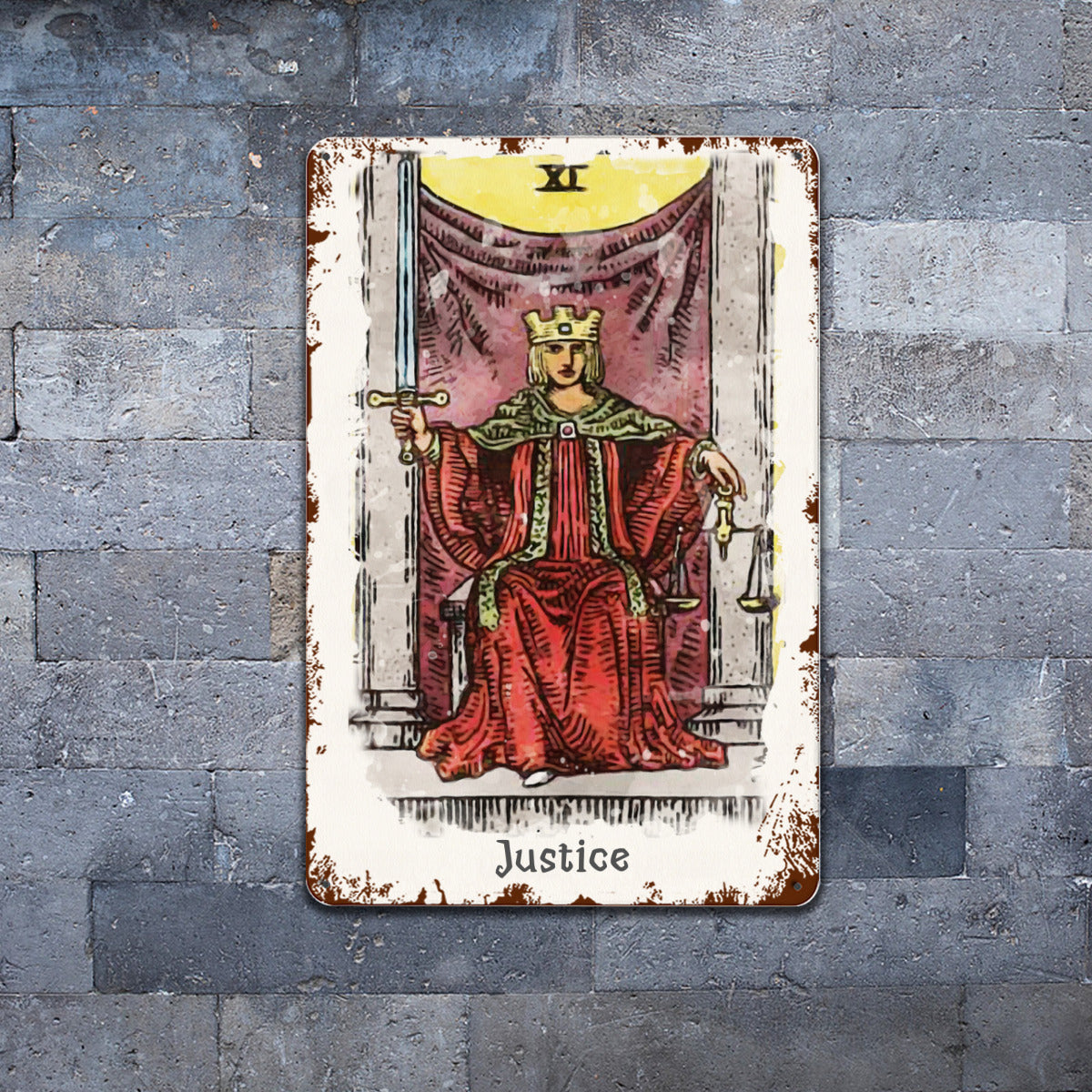 Tin Sign Of The Justice Tarot Card Painting • Major Arcana Waite-Style Cards Vintage Metal Print • Apollo Tarot Design Shop
