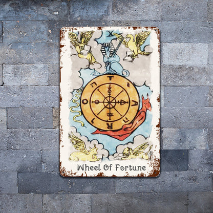 Tin Sign Of The Wheel of Fortune Tarot Card Painting • Major Arcana Waite-Style Cards Vintage Metal Print • Apollo Tarot Design Shop