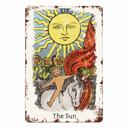 Tin Sign Of The Sun Tarot Card Painting • Major Arcana Waite-Style Cards Vintage Metal Print • Apollo Tarot Design Shop