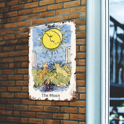 Tin Sign Of The Moon Tarot Card Painting • Major Arcana Waite-Style Cards Vintage Metal Print • Apollo Tarot Design Shop