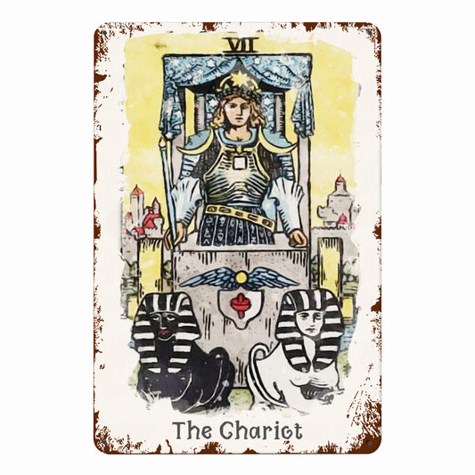 Tin Sign Of The Chariot Tarot Card Painting • Major Arcana Waite-Style Cards Vintage Metal Print • Apollo Tarot Design Shop