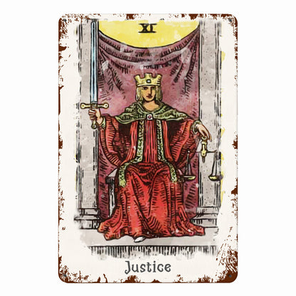 Tin Sign Of The Justice Tarot Card Painting • Major Arcana Waite-Style Cards Vintage Metal Print • Apollo Tarot Design Shop