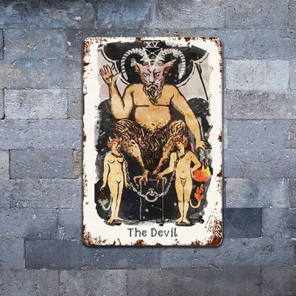 Tin Sign Of The Devil Tarot Card Painting • Major Arcana Waite-Style Cards Vintage Metal Print • Apollo Tarot Design Shop