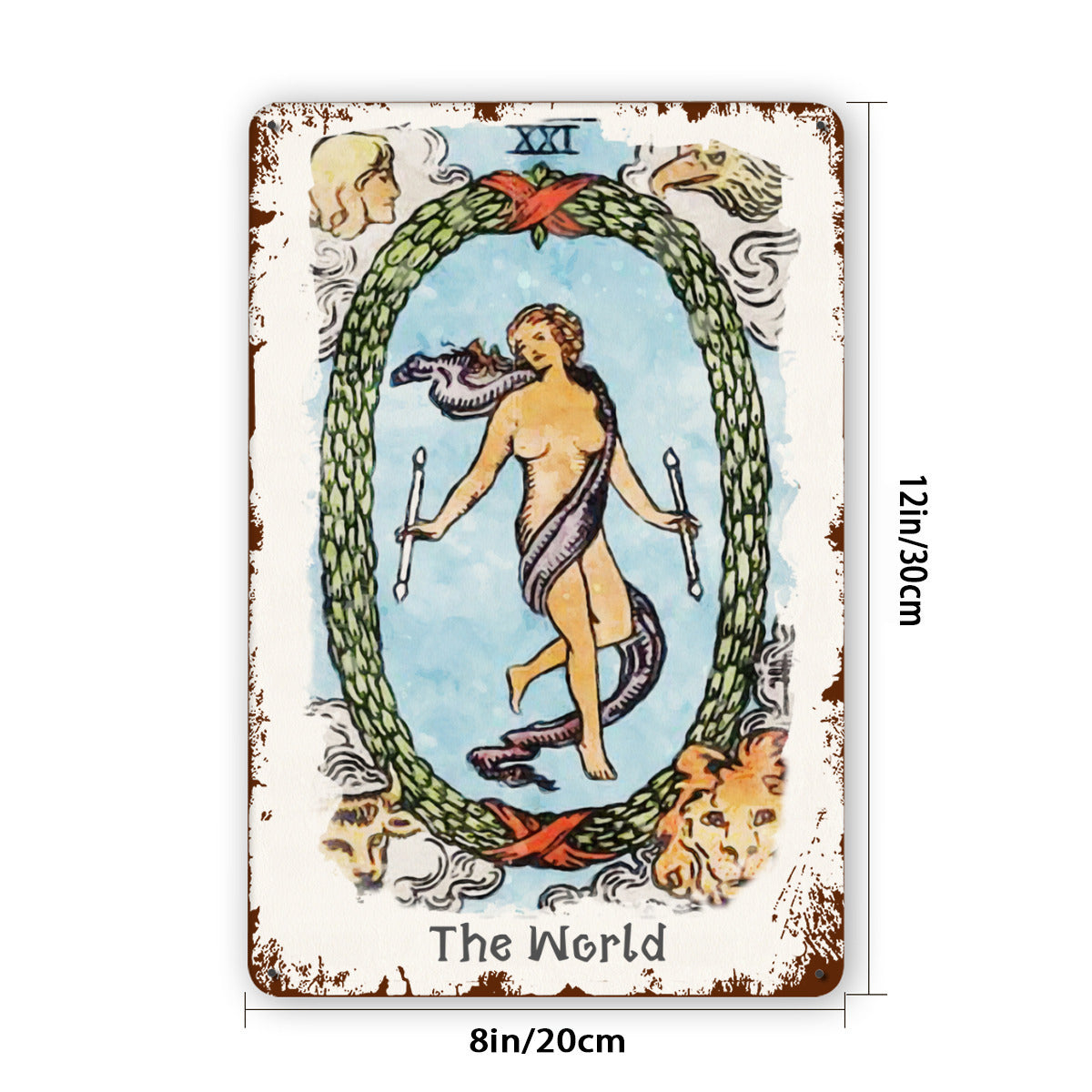 Tin Sign Of The World Tarot Card Painting • Major Arcana Waite-Style Cards Vintage Metal Print • Apollo Tarot Design Shop