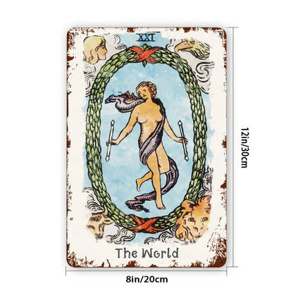 Tin Sign Of The World Tarot Card Painting • Major Arcana Waite-Style Cards Vintage Metal Print • Apollo Tarot Design Shop