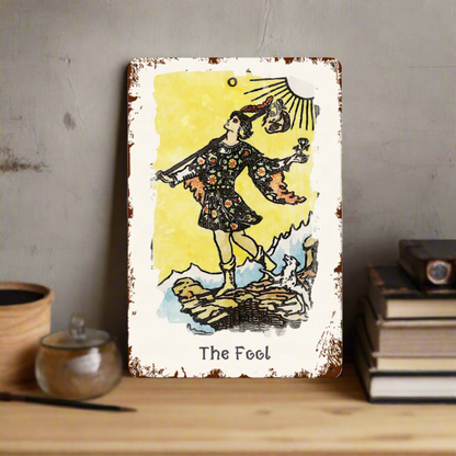 Tin Sign Of The Fool Tarot Card Painting • Major Arcana Waite-Style Cards Vintage Metal Print