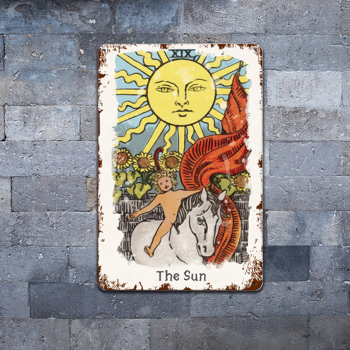 Tin Sign Of The Sun Tarot Card Painting • Major Arcana Waite-Style Cards Vintage Metal Print • Apollo Tarot Design Shop