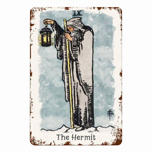 Tin Sign Of The Hermit Tarot Card Painting • Major Arcana Waite-Style Cards Vintage Metal Print • Apollo Tarot Design Shop
