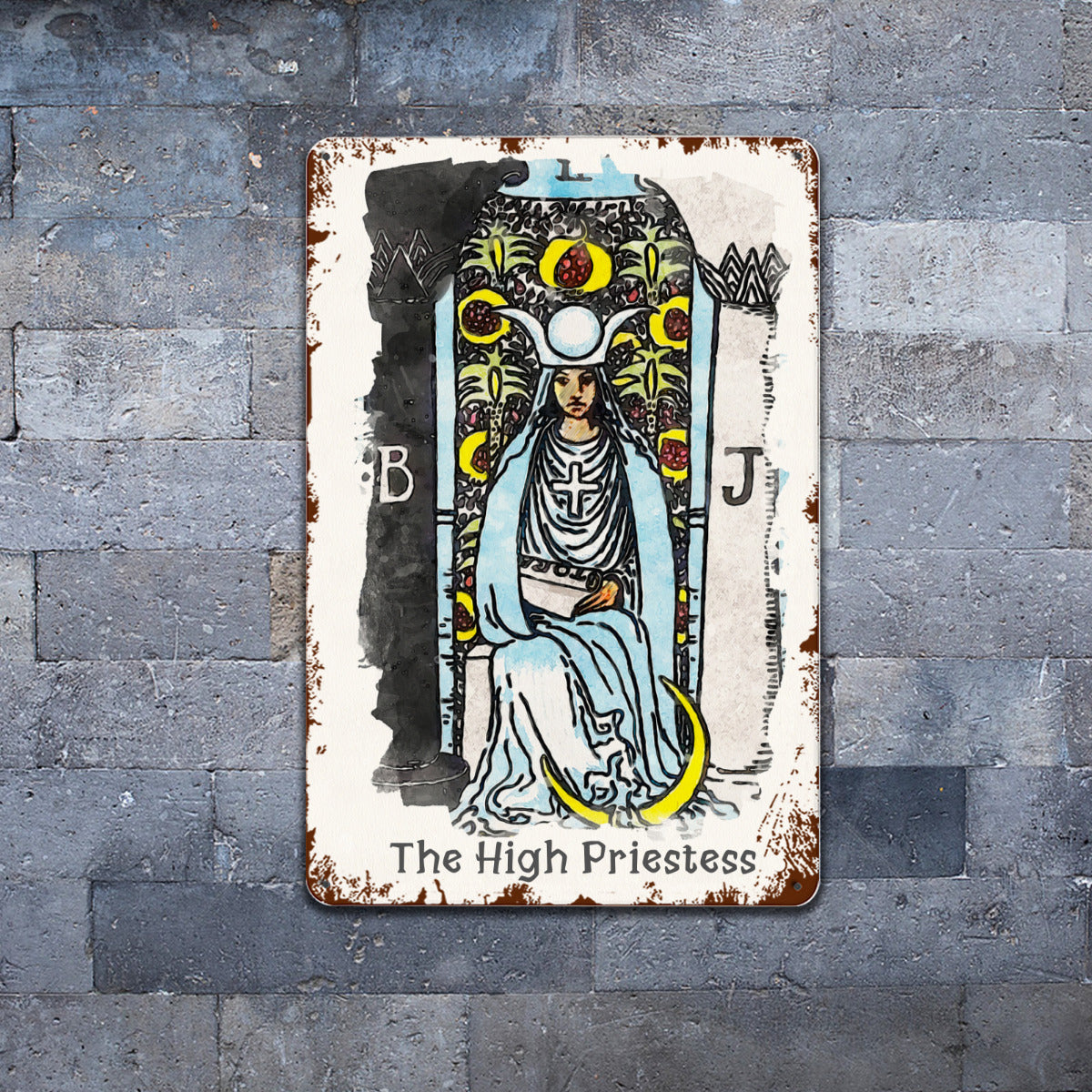 Tin Sign Of The High Priestess Tarot Card Painting • Major Arcana Waite-Style Cards Vintage Metal Print • Apollo Tarot Design Shop
