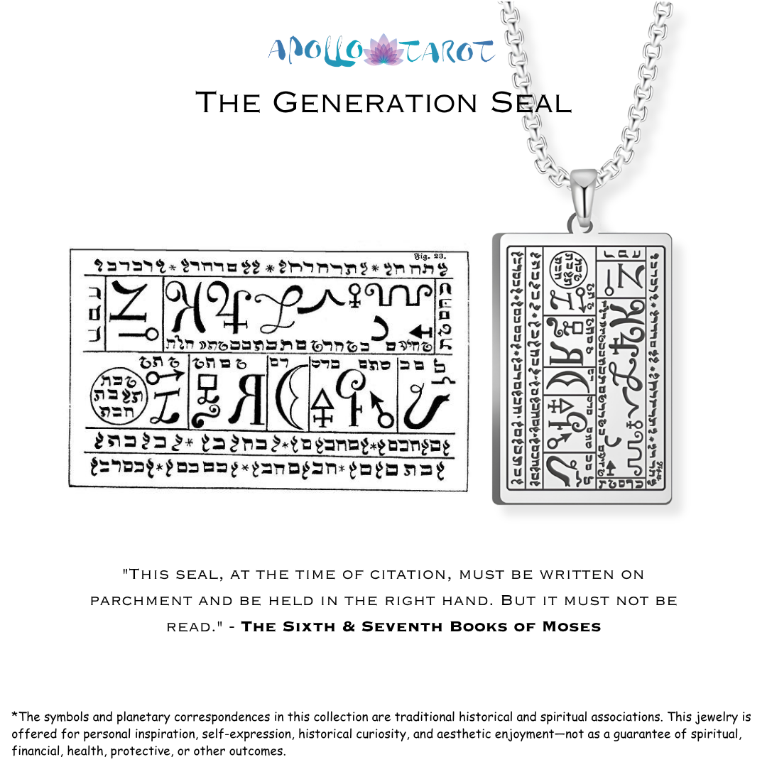 Silver Generation Seal pendant necklace shown with a larger design on a white background, with text explaining the mystical seal from The Sixth & Seventh Books of Moses.