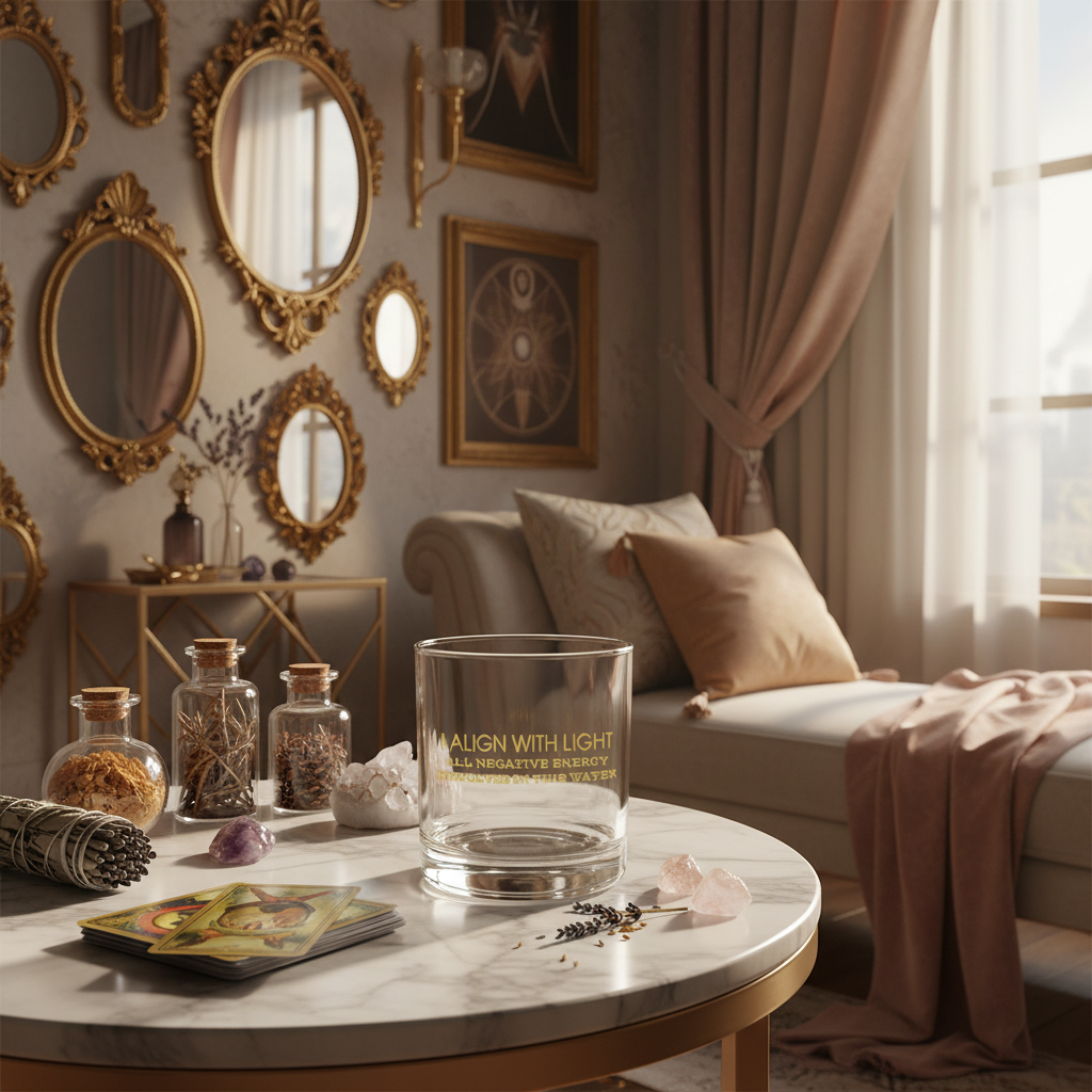 Cozy living space featuring mirrors, lit candles, and a clear glass inscribed with “I align with light. All negative energy dissolves in this water,” resting on a table.