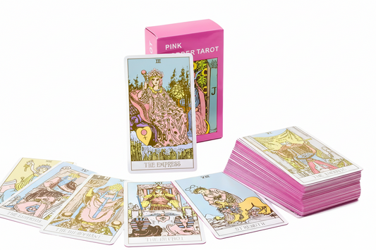 Pink tarot card deck with 'The Empress' card and pink packaging on a white background
