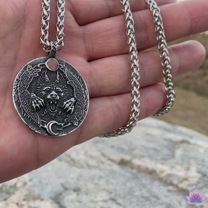 Norse Mythology Fenrir Wolf Necklace | Vegvisir Runic Compass Coin Pendant | Viking Jewelry | Apollo Tarot Shop