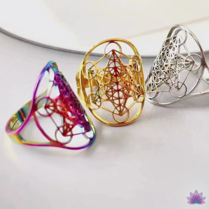 Archangel Metatron Cube Ring 5-pc Bundle • Witchy Silver-Gold-Rainbow Adjustable Occult Magick Jewelry • Five Sacred Geometry Rings Set • Apollo Tarot Shop