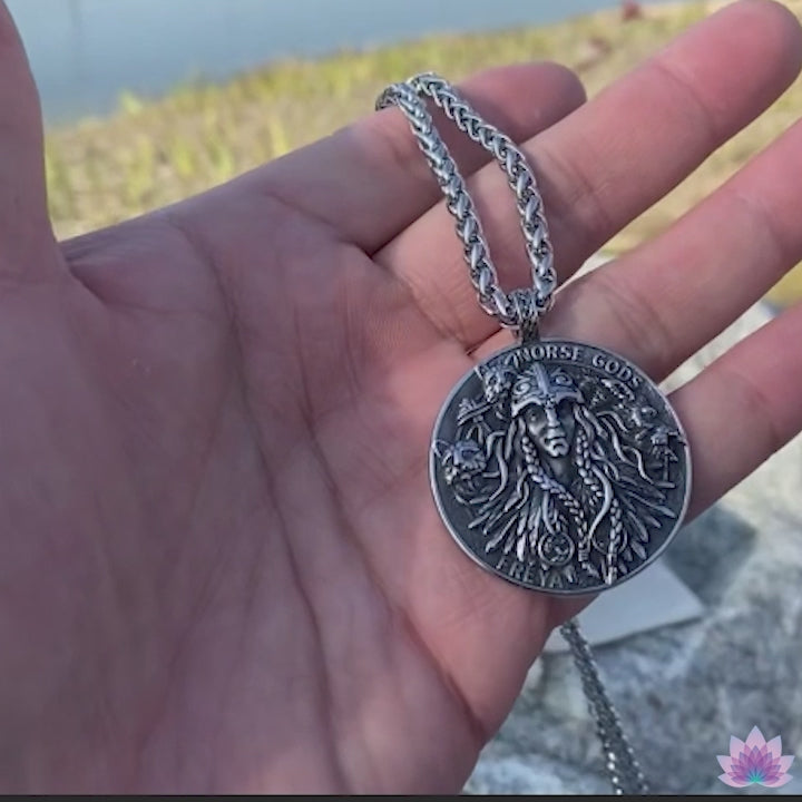 Goddess Freyja Coin Necklace | Norse Mythology Helm of Awe Freya Amulet | Pagan Worship Witchy Pendant | Apollo Tarot Shop