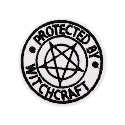 Embroidered patch with 'Protected by Witchcraft' text and pentagram design on a white background