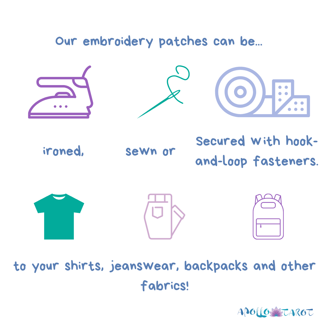 Text and icons describing embroidery patch options on a white background