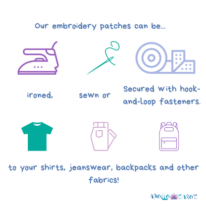 Text and icons describing embroidery patch options on a white background