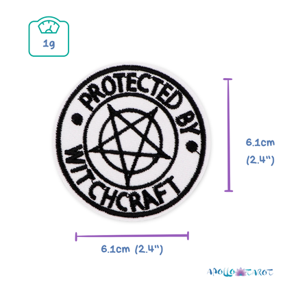 "Protected By Witchcraft" Embroidery Patch | Witchy Iron On Patches For Clothing | Witch Pentacle DIY Thermo-Adhesive Or Sew Badge For Jeans