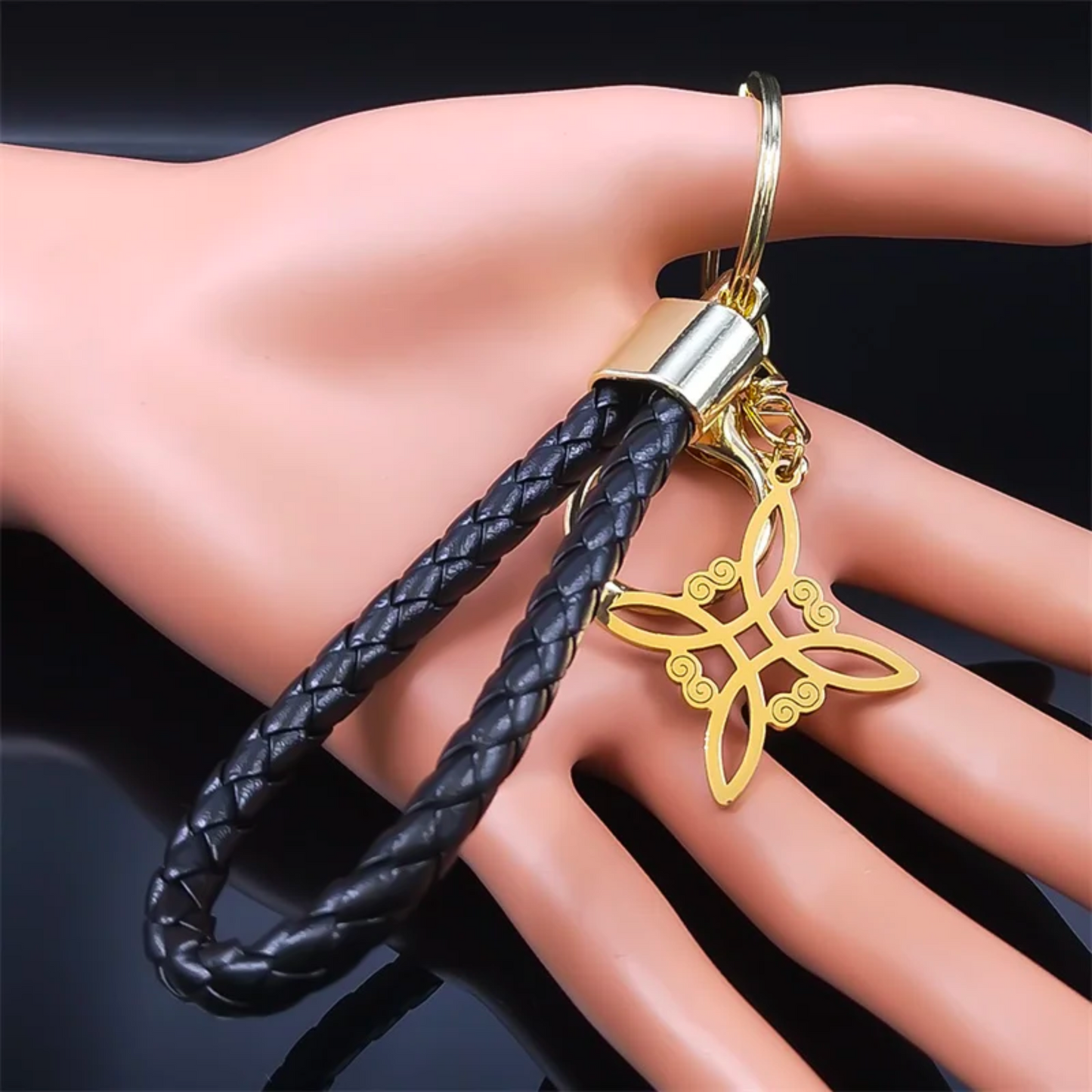 Witchcraft Irish Knot Keychain • Gold Color Triquetra Stainless Steel Vegan Leather Keyring Holder • Witchy Amulet Jewelry Spiritual Gift • Apollo Tarot Shop