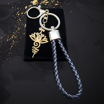 Yoga Lotus Flower Keychain • Kundalini Stainless Steel Gold Color Buddhism Chakra Symbol Keyring W/ Vegan Leather Holder • Witchy Accessory Jewelry • Apollo Tarot Shop